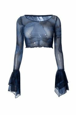Y2K Mesh Blouse with Cropped Flare Cuffs - Coquette Aesthetic Fashion for Women