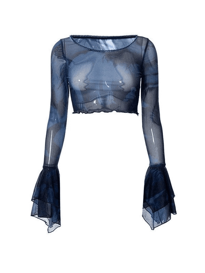 Y2K Mesh Blouse with Cropped Flare Cuffs - Coquette Aesthetic Fashion for Women Y2K Mesh Blouse with Cropped Flare Cuffs - Coquette Aesthetic Fashion for Women