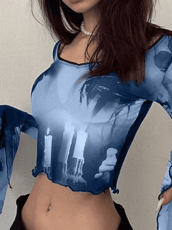 Y2K Mesh Blouse with Cropped Flare Cuffs - Coquette Aesthetic Fashion for Women Y2K Mesh Blouse with Cropped Flare Cuffs - Coquette Aesthetic Fashion for Women