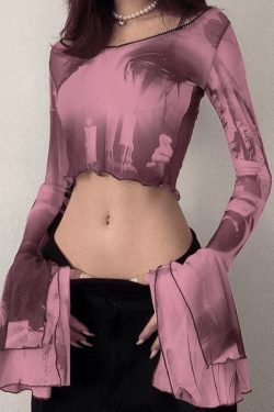 Y2K Mesh Blouse with Cropped Flare Cuffs - Coquette Aesthetic Fashion for Women