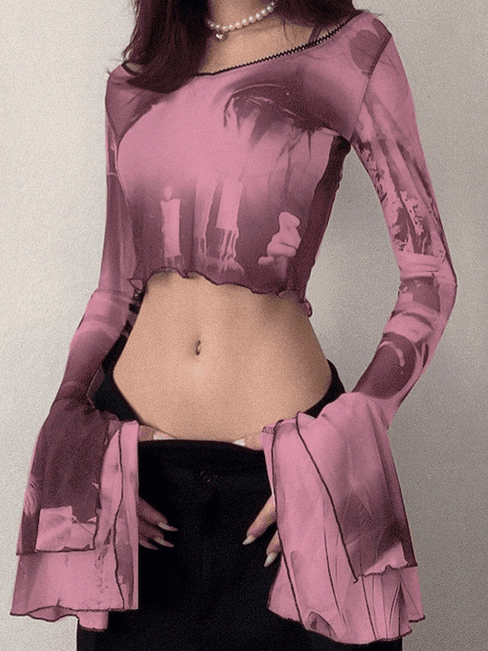 Y2K Mesh Blouse with Cropped Flare Cuffs - Coquette Aesthetic Fashion for Women Y2K Mesh Blouse with Cropped Flare Cuffs - Coquette Aesthetic Fashion for Women