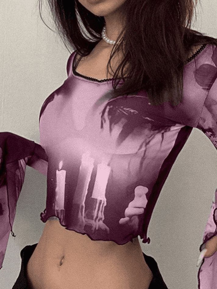 Y2K Mesh Blouse with Cropped Flare Cuffs - Coquette Aesthetic Fashion for Women Y2K Mesh Blouse with Cropped Flare Cuffs - Coquette Aesthetic Fashion for Women