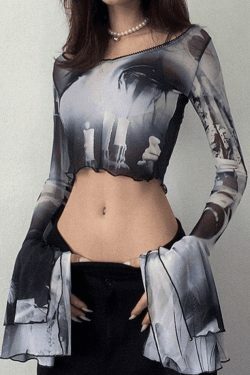 Y2K Mesh Blouse with Cropped Flare Cuffs - Coquette Aesthetic Fashion for Women