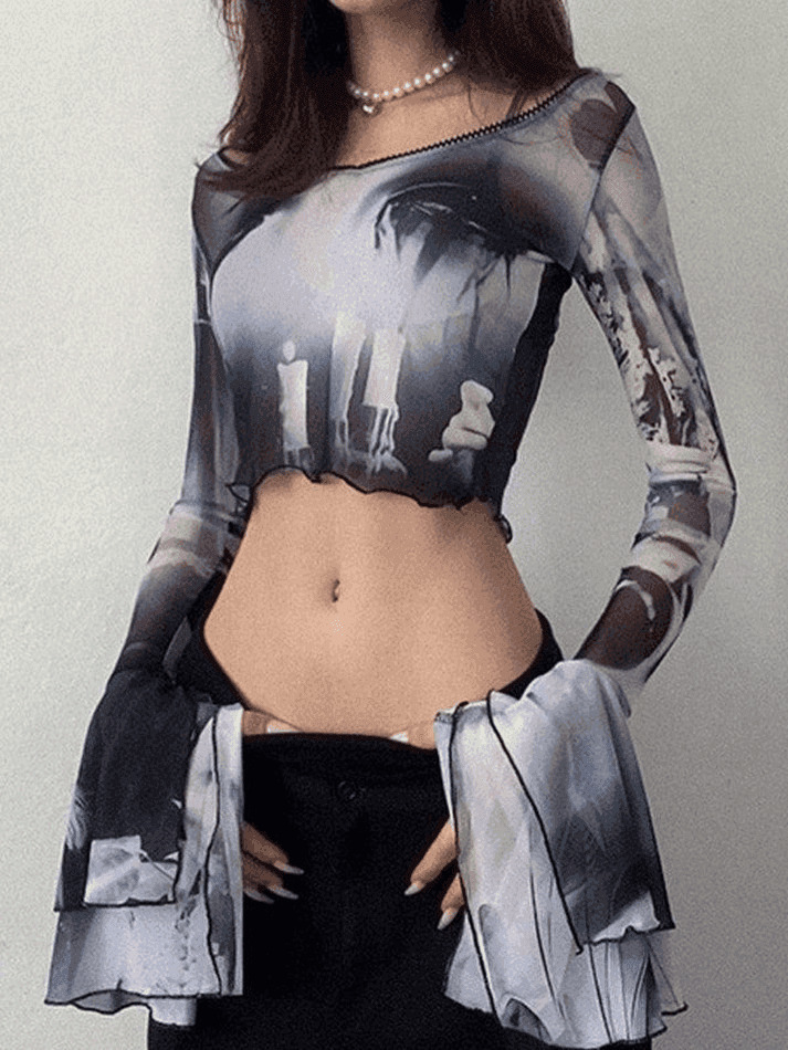 Y2K Mesh Blouse with Cropped Flare Cuffs - Coquette Aesthetic Fashion for Women Y2K Mesh Blouse with Cropped Flare Cuffs - Coquette Aesthetic Fashion for Women