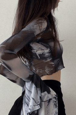 Y2K Mesh Blouse with Cropped Flare Cuffs - Coquette Aesthetic Fashion for Women