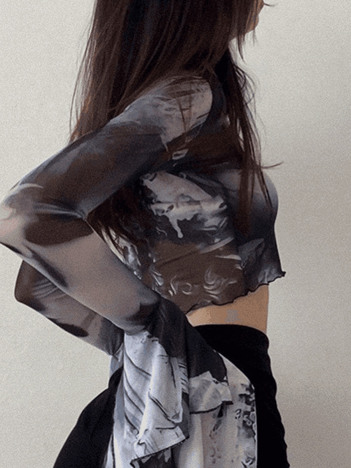 Y2K Mesh Blouse with Cropped Flare Cuffs - Coquette Aesthetic Fashion for Women Y2K Mesh Blouse with Cropped Flare Cuffs - Coquette Aesthetic Fashion for Women