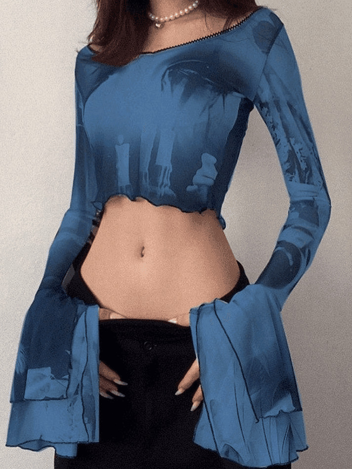 Y2K Mesh Blouse with Cropped Flare Cuffs - Coquette Aesthetic Fashion for Women Y2K Mesh Blouse with Cropped Flare Cuffs - Coquette Aesthetic Fashion for Women