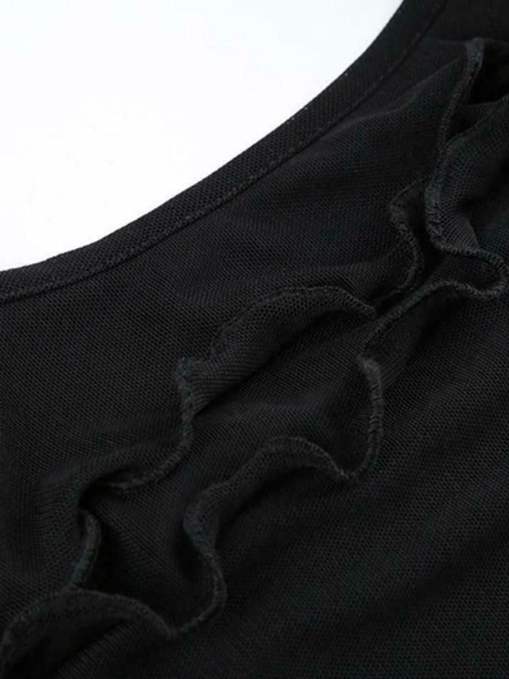 Y2K Mesh Cami Top with Ruffle Splice - Coquette Grunge Aesthetic Y2K Mesh Cami Top with Ruffle Splice - Coquette Grunge Aesthetic
