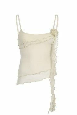 Y2K Mesh Cami Top with Ruffle Splice - Coquette Grunge Aesthetic