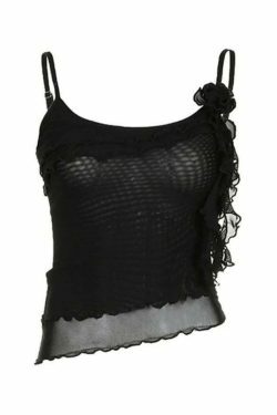 Y2K Mesh Cami Top with Ruffle Splice - Coquette Grunge Aesthetic