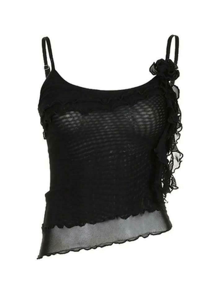 Y2K Mesh Cami Top with Ruffle Splice - Coquette Grunge Aesthetic Y2K Mesh Cami Top with Ruffle Splice - Coquette Grunge Aesthetic