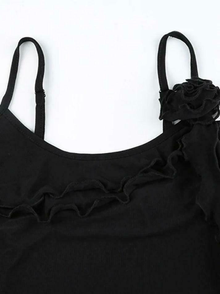 Y2K Mesh Cami Top with Ruffle Splice - Coquette Grunge Aesthetic Y2K Mesh Cami Top with Ruffle Splice - Coquette Grunge Aesthetic