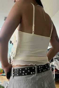 Y2K Mesh Cami Top with Ruffle Splice - Coquette Grunge Aesthetic