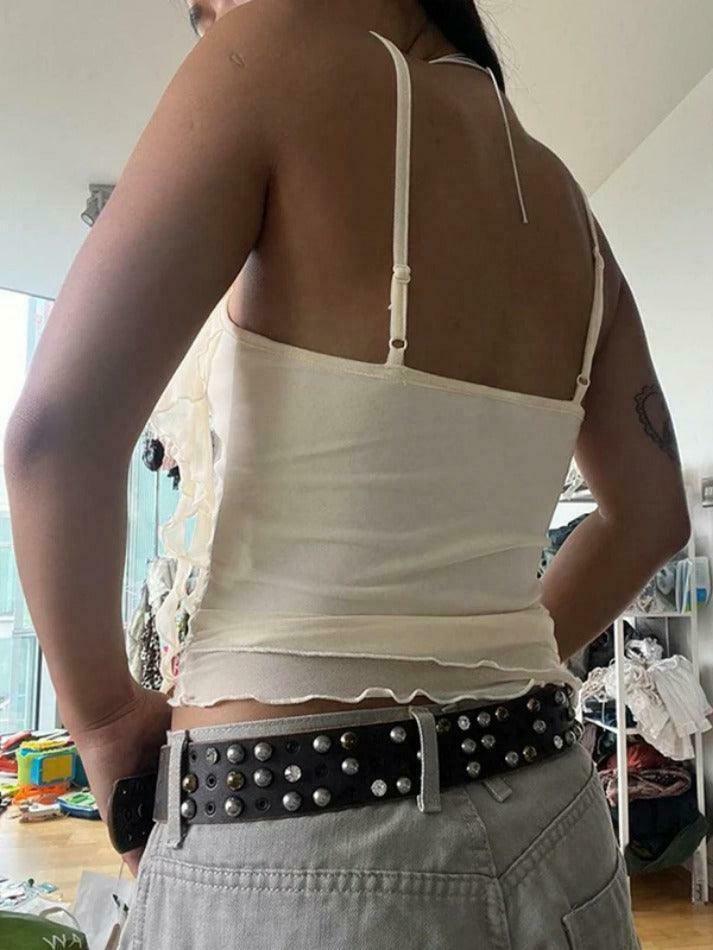 Y2K Mesh Cami Top with Ruffle Splice - Coquette Grunge Aesthetic Y2K Mesh Cami Top with Ruffle Splice - Coquette Grunge Aesthetic