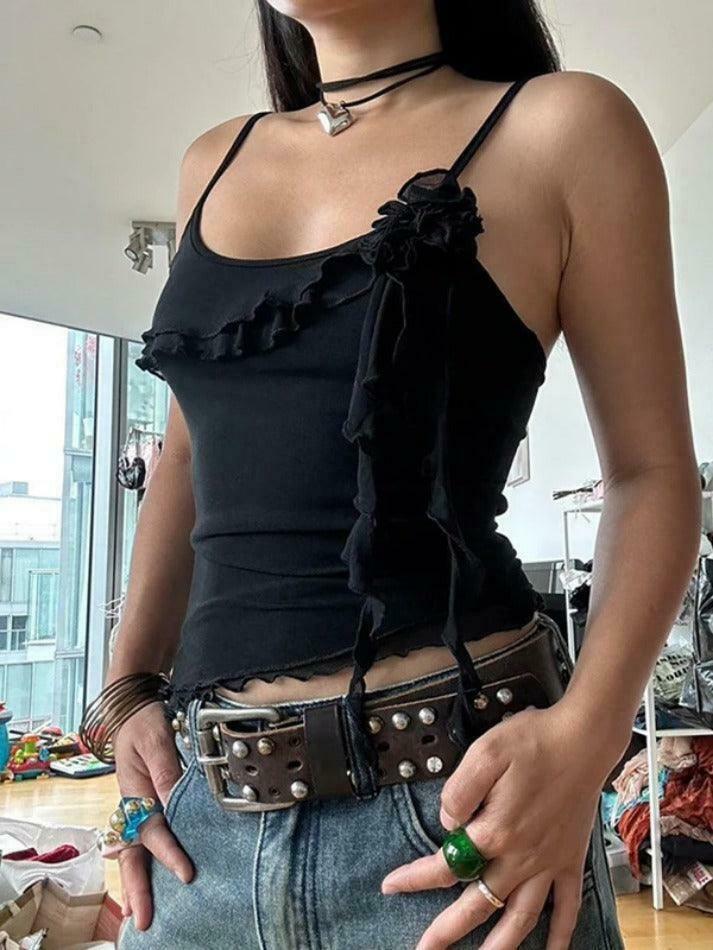 Y2K Mesh Cami Top with Ruffle Splice - Coquette Grunge Aesthetic Y2K Mesh Cami Top with Ruffle Splice - Coquette Grunge Aesthetic