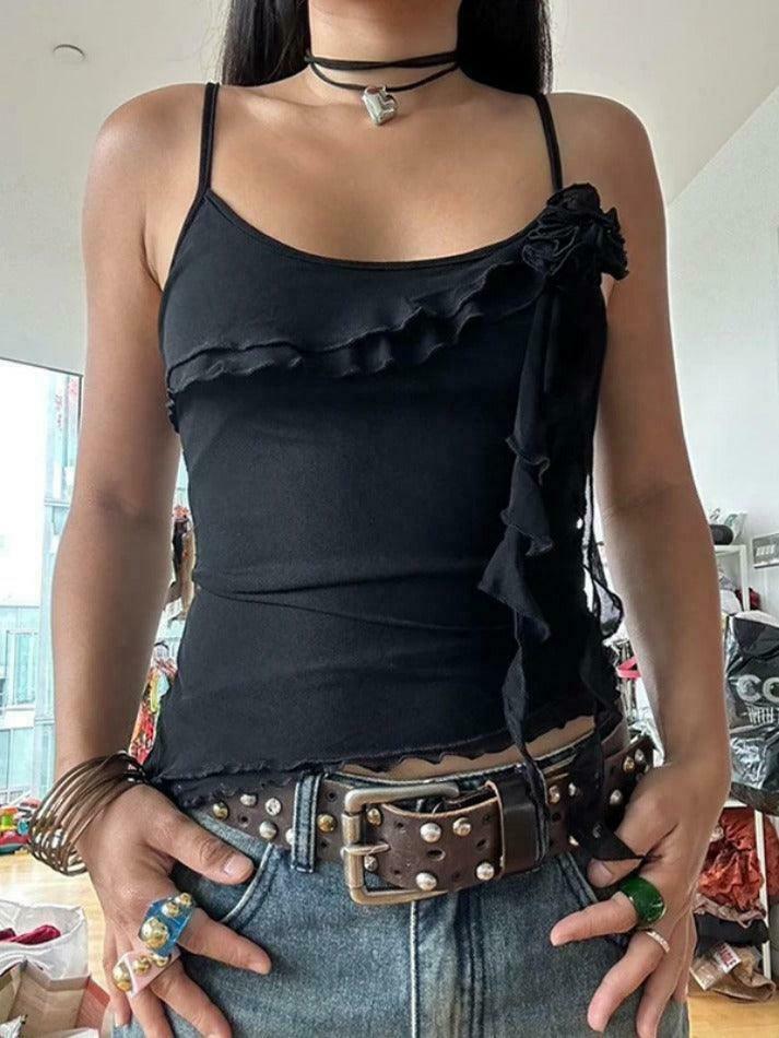 Y2K Mesh Cami Top with Ruffle Splice - Coquette Grunge Aesthetic Y2K Mesh Cami Top with Ruffle Splice - Coquette Grunge Aesthetic