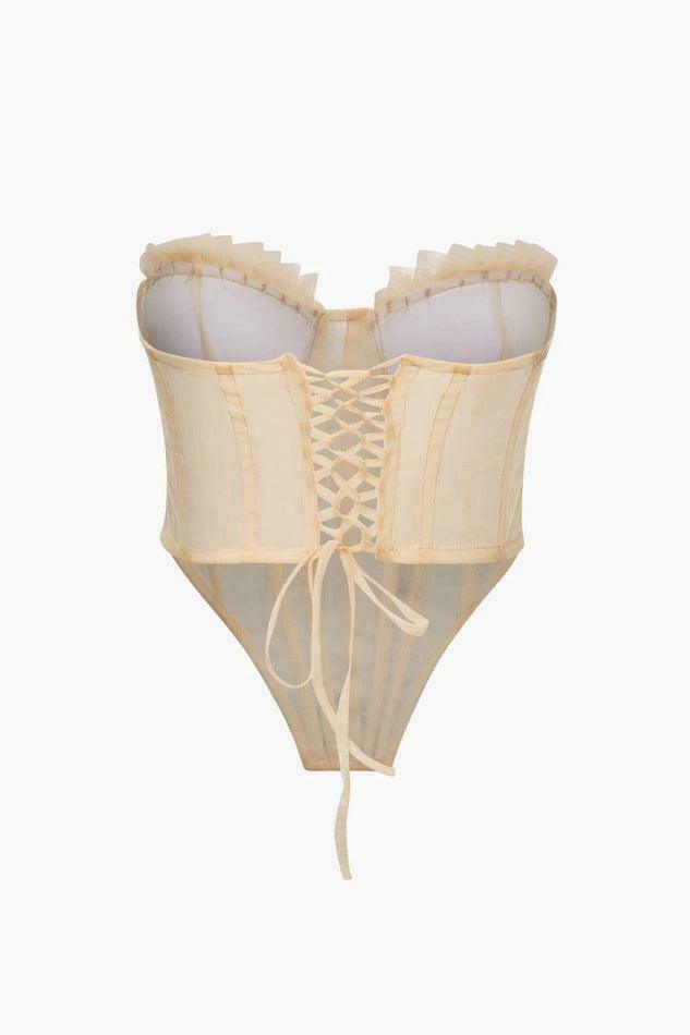 Y2K Mesh Corset Strapless Top with Tie-Back Detail Y2K Mesh Corset Strapless Top with Tie-Back Detail