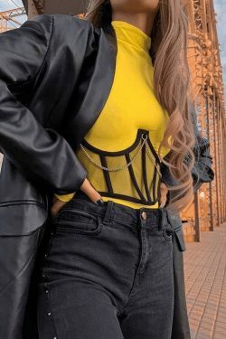 Y2K Mesh Corset Top with Chain Embellishments - Coquette Aesthetic Grunge Style