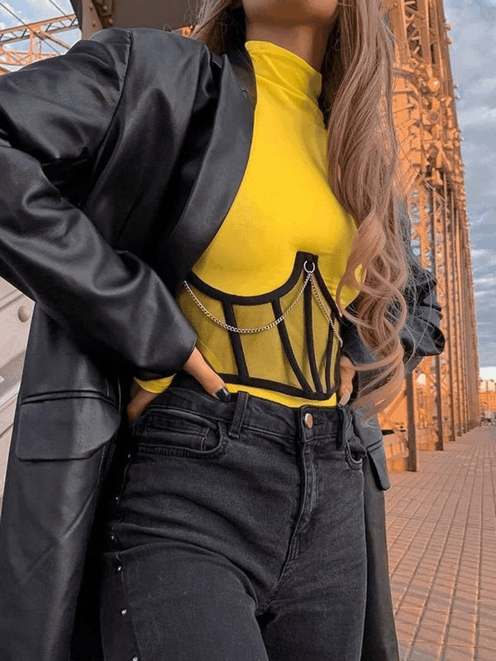 Y2K Mesh Corset Top with Chain Embellishments - Coquette Aesthetic Grunge Style Y2K Mesh Corset Top with Chain Embellishments - Coquette Aesthetic Grunge Style