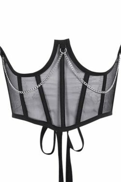 Y2K Mesh Corset Top with Chain Embellishments - Coquette Aesthetic Grunge Style
