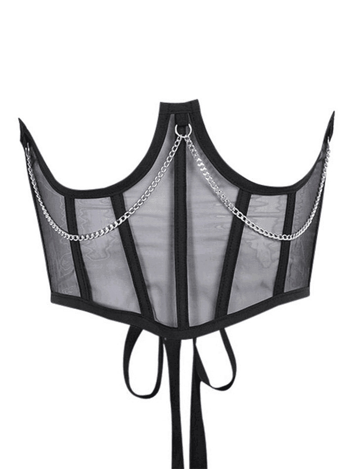 Y2K Mesh Corset Top with Chain Embellishments - Coquette Aesthetic Grunge Style Y2K Mesh Corset Top with Chain Embellishments - Coquette Aesthetic Grunge Style