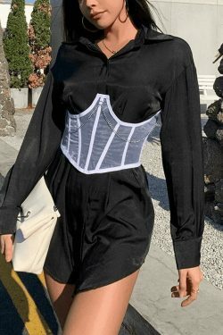 Y2K Mesh Corset Top with Chain Embellishments - Coquette Aesthetic Grunge Style