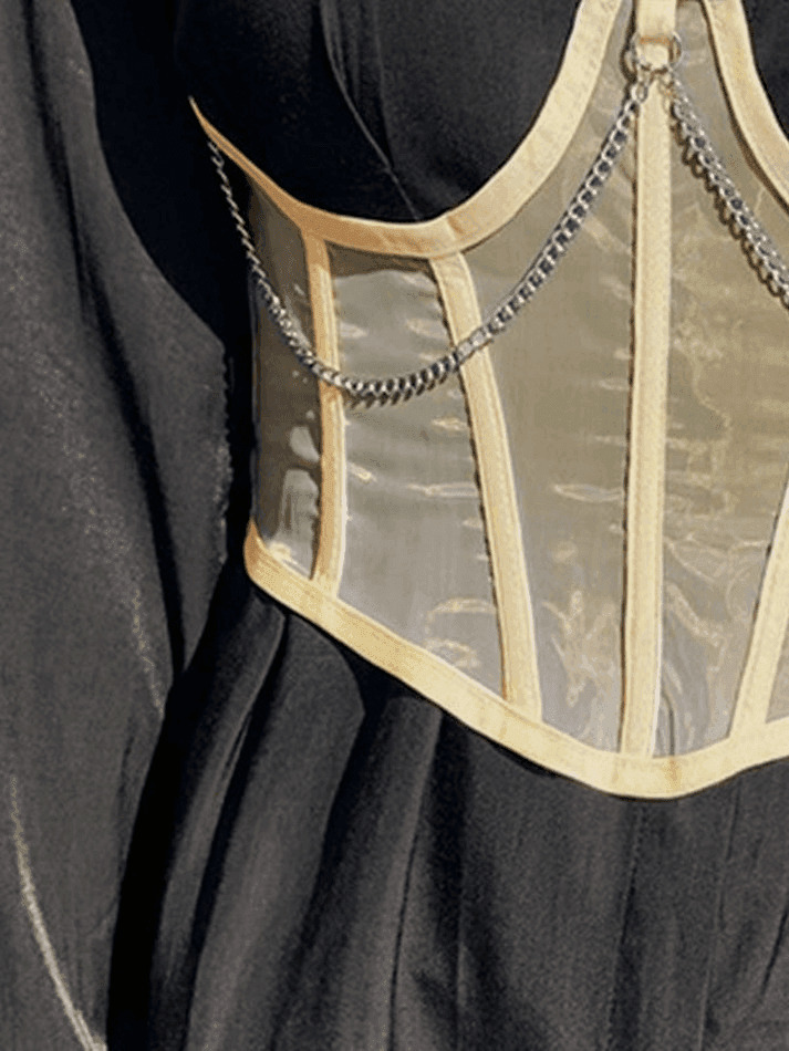 Y2K Mesh Corset Top with Chain Embellishments - Coquette Aesthetic Grunge Style Y2K Mesh Corset Top with Chain Embellishments - Coquette Aesthetic Grunge Style