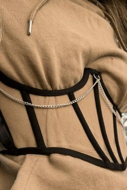 Y2K Mesh Corset Top with Chain Embellishments - Coquette Aesthetic Grunge Style