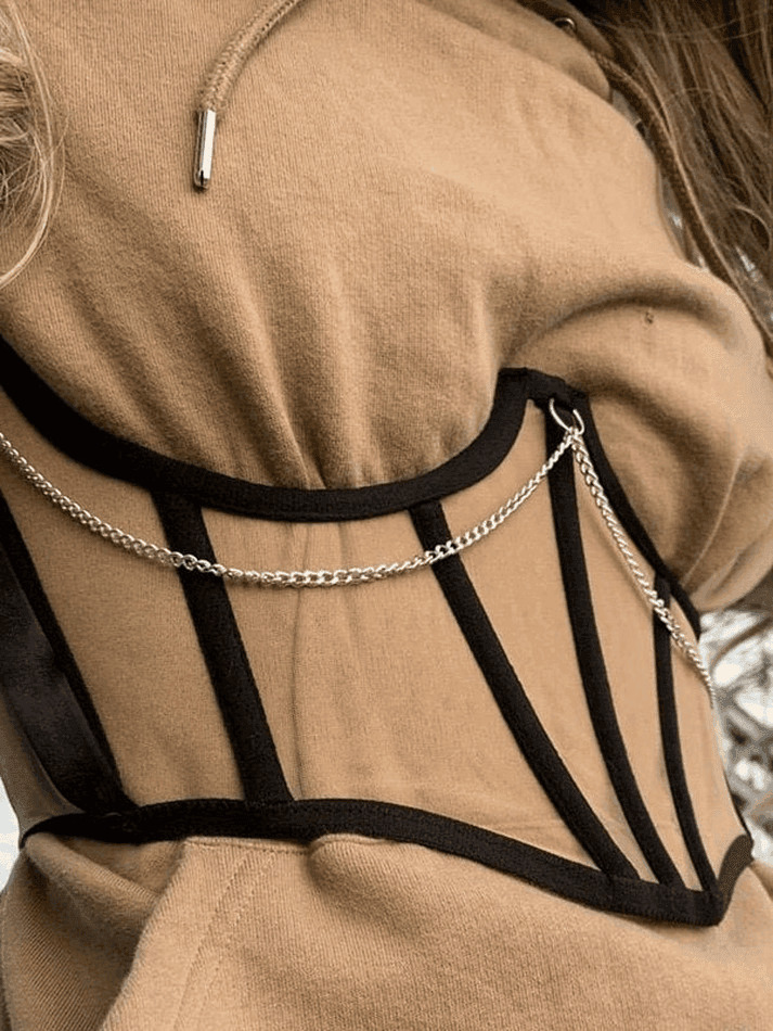 Y2K Mesh Corset Top with Chain Embellishments - Coquette Aesthetic Grunge Style Y2K Mesh Corset Top with Chain Embellishments - Coquette Aesthetic Grunge Style
