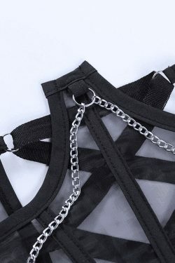 Y2K Mesh Corset Top with Chain Embellishments - Coquette Aesthetic Grunge Style