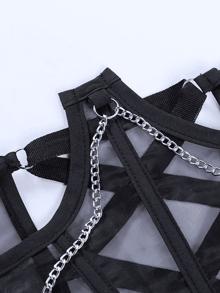 Y2K Mesh Corset Top with Chain Embellishments - Coquette Aesthetic Grunge Style Y2K Mesh Corset Top with Chain Embellishments - Coquette Aesthetic Grunge Style