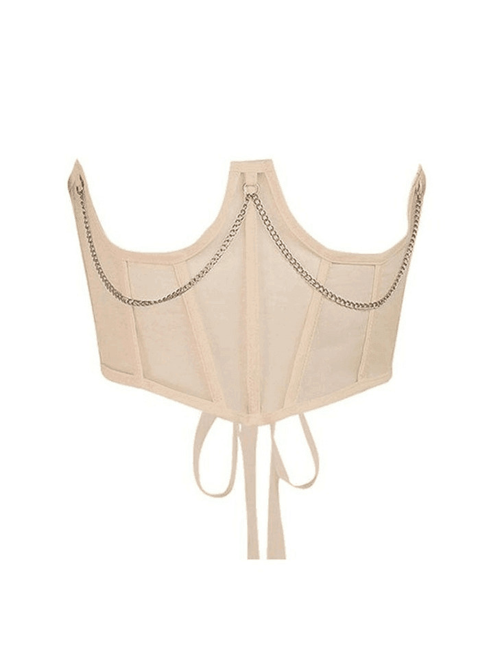 Y2K Mesh Corset Top with Chain Embellishments - Coquette Aesthetic Grunge Style Y2K Mesh Corset Top with Chain Embellishments - Coquette Aesthetic Grunge Style