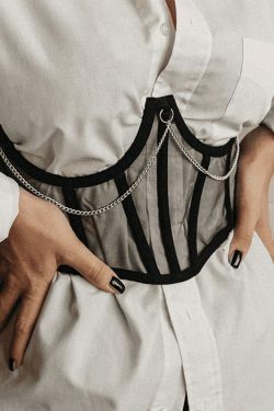 Y2K Mesh Corset Top with Chain Embellishments - Coquette Aesthetic Grunge Style