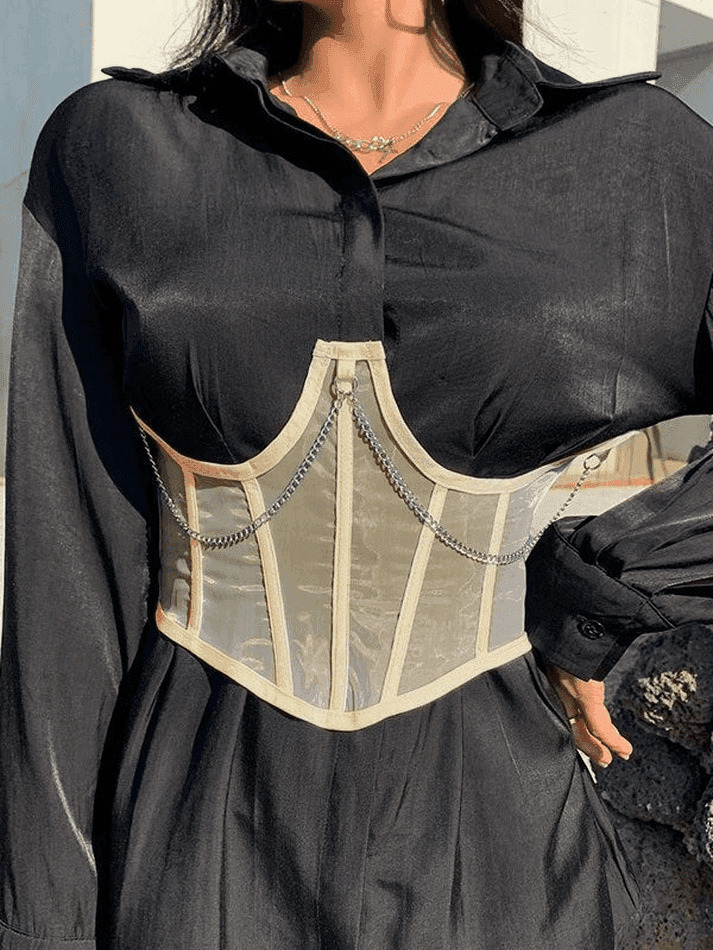 Y2K Mesh Corset Top with Chain Embellishments - Coquette Aesthetic Grunge Style Y2K Mesh Corset Top with Chain Embellishments - Coquette Aesthetic Grunge Style