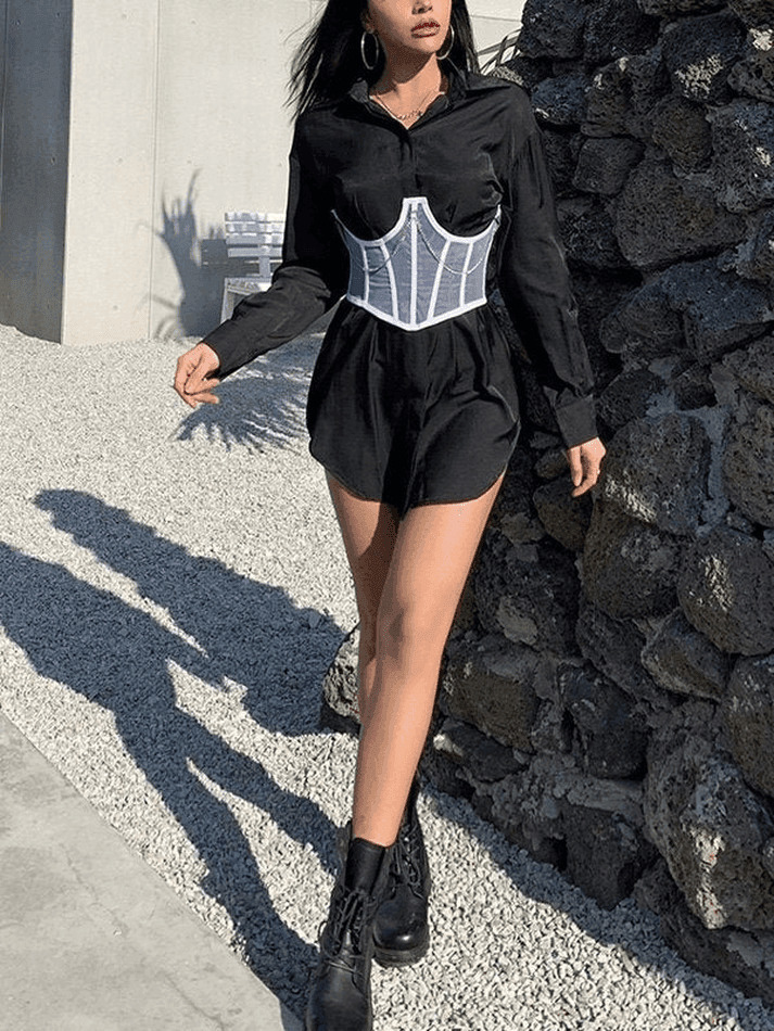 Y2K Mesh Corset Top with Chain Embellishments - Coquette Aesthetic Grunge Style Y2K Mesh Corset Top with Chain Embellishments - Coquette Aesthetic Grunge Style