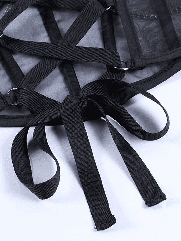 Y2K Mesh Corset Top with Chain Embellishments - Coquette Aesthetic Grunge Style Y2K Mesh Corset Top with Chain Embellishments - Coquette Aesthetic Grunge Style