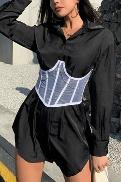 Y2K Mesh Corset Top with Chain Embellishments - Coquette Aesthetic Grunge Style