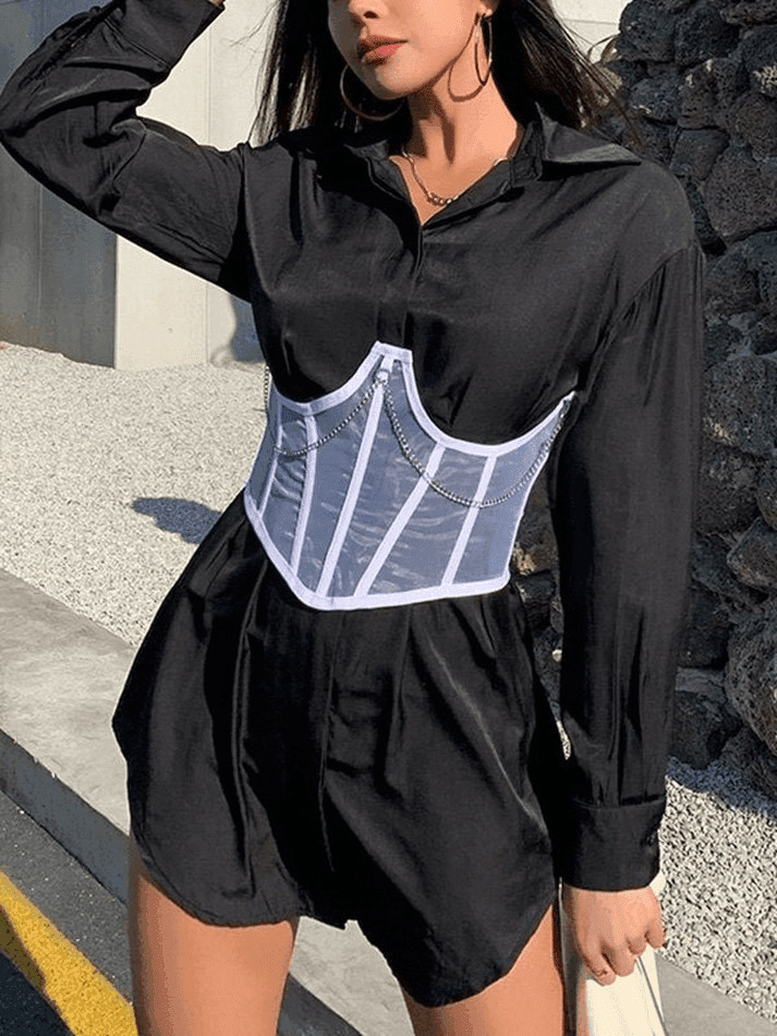 Y2K Mesh Corset Top with Chain Embellishments - Coquette Aesthetic Grunge Style Y2K Mesh Corset Top with Chain Embellishments - Coquette Aesthetic Grunge Style