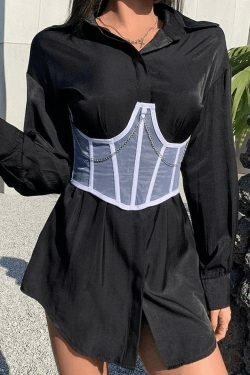 Y2K Mesh Corset Top with Chain Embellishments - Coquette Aesthetic Grunge Style