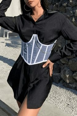 Y2K Mesh Corset Top with Chain Embellishments - Coquette Aesthetic Grunge Style