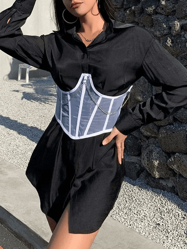 Y2K Mesh Corset Top with Chain Embellishments - Coquette Aesthetic Grunge Style Y2K Mesh Corset Top with Chain Embellishments - Coquette Aesthetic Grunge Style