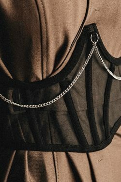 Y2K Mesh Corset Top with Chain Embellishments - Coquette Aesthetic Grunge Style