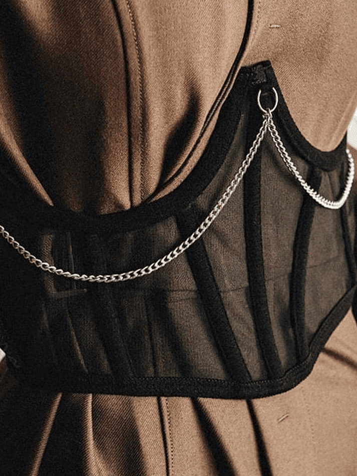 Y2K Mesh Corset Top with Chain Embellishments - Coquette Aesthetic Grunge Style Y2K Mesh Corset Top with Chain Embellishments - Coquette Aesthetic Grunge Style
