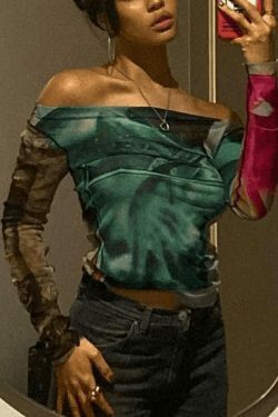 Y2K Mesh Crop Top: Coquette Aesthetic Off-Shoulder Print - Grunge Style, Cute Tops, Pastel Goth