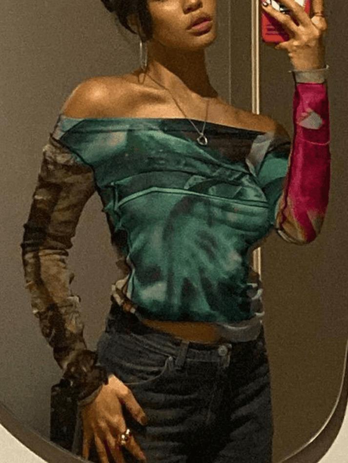 Y2K Mesh Crop Top: Coquette Aesthetic Off-Shoulder Print - Grunge Style, Cute Tops, Pastel Goth Y2K Mesh Crop Top: Coquette Aesthetic Off-Shoulder Print - Grunge Style, Cute Tops, Pastel Goth