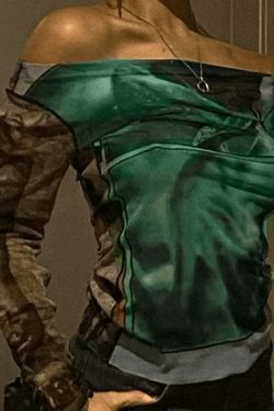 Y2K Mesh Crop Top: Coquette Aesthetic Off-Shoulder Print - Grunge Style, Cute Tops, Pastel Goth