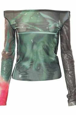 Y2K Mesh Crop Top: Coquette Aesthetic Off-Shoulder Print - Grunge Style, Cute Tops, Pastel Goth