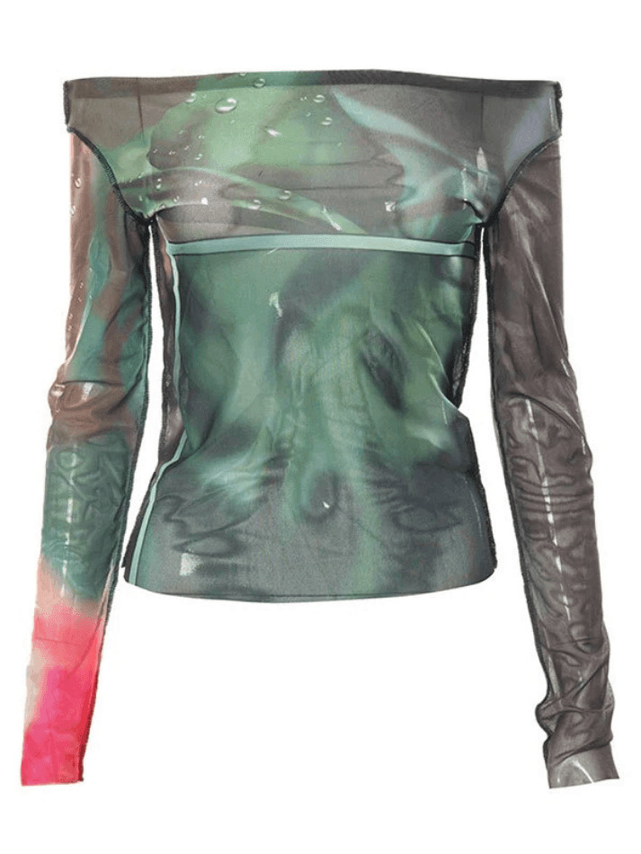 Y2K Mesh Crop Top: Coquette Aesthetic Off-Shoulder Print - Grunge Style, Cute Tops, Pastel Goth Y2K Mesh Crop Top: Coquette Aesthetic Off-Shoulder Print - Grunge Style, Cute Tops, Pastel Goth