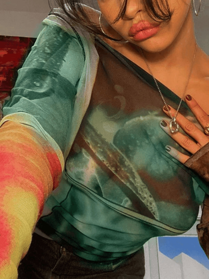 Y2K Mesh Crop Top: Coquette Aesthetic Off-Shoulder Print - Grunge Style, Cute Tops, Pastel Goth Y2K Mesh Crop Top: Coquette Aesthetic Off-Shoulder Print - Grunge Style, Cute Tops, Pastel Goth