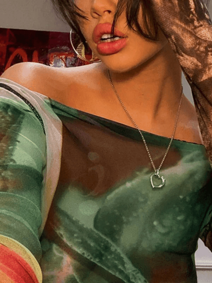 Y2K Mesh Crop Top: Coquette Aesthetic Off-Shoulder Print - Grunge Style, Cute Tops, Pastel Goth Y2K Mesh Crop Top: Coquette Aesthetic Off-Shoulder Print - Grunge Style, Cute Tops, Pastel Goth